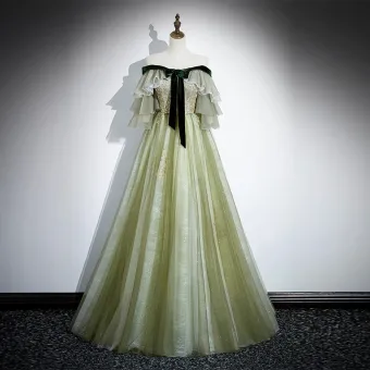 Mode Vert Cendré Paillettes Plissée Robe De Bal 2023 Princesse De L Épaule Noeud Manches Courtes Dos Nu Longue Promo Robe De Ceremonie