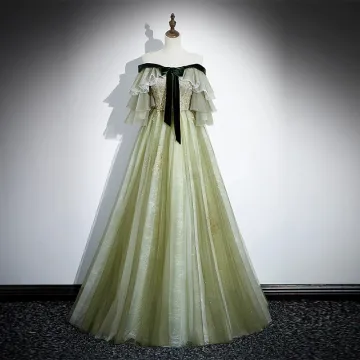 Fashion Sage Green Sequins Pleated Prom Dresses 2023 A Line Princess Off The Shoulder Bow Short Sleeve Backless Floor Length Long Prom Formal Dresses
