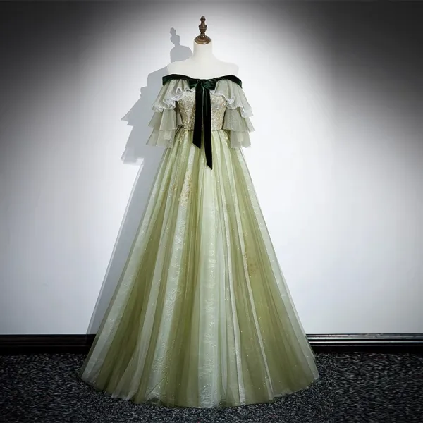 Fashion Sage Green Sequins Pleated Prom Dresses 2023 A-Line / Princess Off-The-Shoulder Bow Short Sleeve Backless Floor-Length / Long Prom Formal Dresses