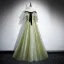 Fashion Sage Green Sequins Pleated Prom Dresses 2023 A-Line / Princess Off-The-Shoulder Bow Short Sleeve Backless Floor-Length / Long Prom Formal Dresses