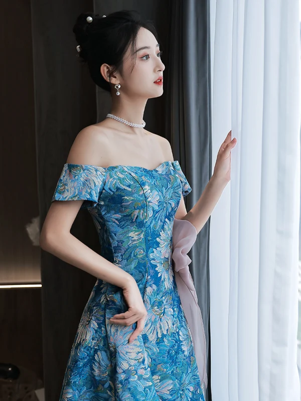 Fancy Ocean Blue Printing Prom Dresses 2022 A-Line / Princess Off-The-Shoulder Short Sleeve Backless Bow Floor-Length / Long Formal Dresses