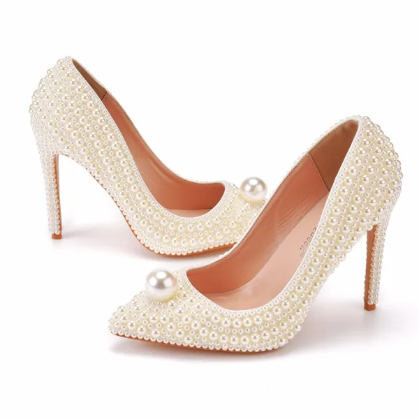 Elegante Weiß Perle Brautschuhe 2022 11 cm Stilettos Spitzschuh Hochzeit Pumps Hochhackige