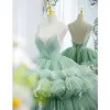 Charming Sage Green Cascading Ruffles Prom Dresses 2022 Ball Gown Spaghetti Straps Sleeveless Backless Court Train Formal Dresses
