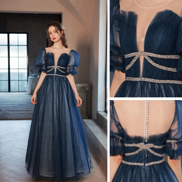 Chic / Beautiful Ocean Blue Sequins Prom Dresses 2022 A-Line / Princess Scoop Neck Short Sleeve Floor-Length / Long Prom Formal Dresses