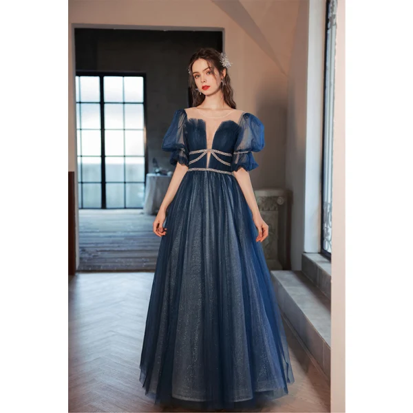 Chic / Beautiful Ocean Blue Sequins Prom Dresses 2022 A-Line / Princess Scoop Neck Short Sleeve Floor-Length / Long Prom Formal Dresses