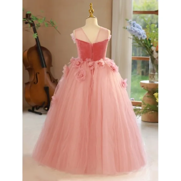 Blumenfee Rosa Applikationen Blumenmädchenkleider 2024 Ballkleid Rundhalsausschnitt Ärmellos Rückenfreies Lange Hochzeit