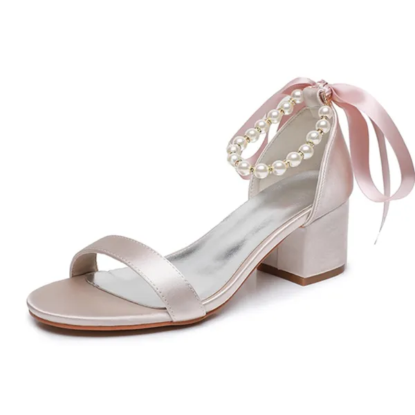Fashion Champagne Pearl Ankle Strap Bow Satin Wedding Shoes 2024 5 cm Thick Heels Open / Peep Toe Wedding Sandals High Heels