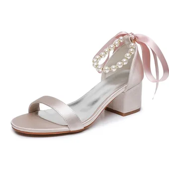 Mode Champagne Perle Ankel Strop Sløjfe Satin Brudesko 2024 5 Cm Tykke Hæle Peep Toe Bryllup Sandaler Højhælede