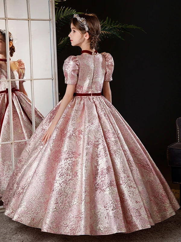 Elegant Blushing Pink Glitter Birthday Flower Girl Dresses 2024 Ball Gown Square Neckline Short Sleeve Bow Sash Floor-Length / Long