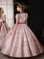 Elegant Blushing Pink Glitter Birthday Flower Girl Dresses 2024 Ball Gown Square Neckline Short Sleeve Bow Sash Floor-Length / Long