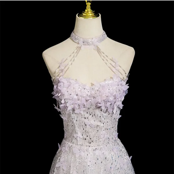 Charming Lavender Beading Appliques Sequins Prom Dresses 2025 A-Line / Princess High Neck Sleeveless Backless Floor-Length / Long Formal Dresses