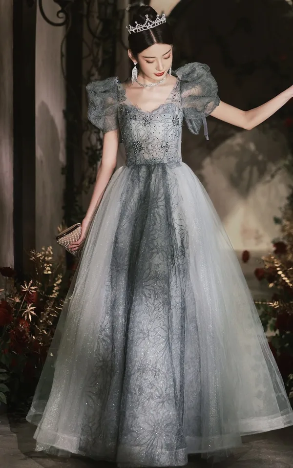 Chic Beautiful Grey Sequins Prom Dresses 2026 A-Line Princess V-Neck Puffy Short Sleeve Chic Beautiful Grey Sequins Prom Dresses 2026 A-Line Princess V-Neck Puffy Short Sleeve