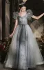Chic / Beautiful Grey Sequins Prom Dresses 2026 A-Line / Princess V-Neck Puffy Short Sleeve Backless Floor-Length / Long Formal Dresses