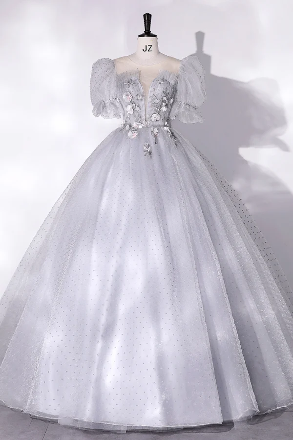 Chic / Beautiful Silver Grey Prom Dresses 2022 Ball Gown Scoop Neck Beading Lace Flower Appliques Short Sleeve Floor-Length / Long Formal Dresses