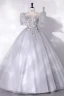 Chic / Beautiful Silver Grey Prom Dresses 2022 Ball Gown Scoop Neck Beading Lace Flower Appliques Short Sleeve Floor-Length / Long Formal Dresses