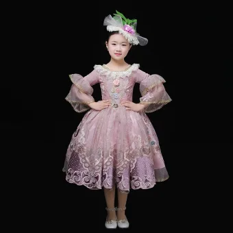 Vintage Originale Médiévale Rougissant Rose Robe Ceremonie Fille 2024 Dentelle 3d Impression Floral 1 2 Manches Encolure Dégagée Thé Longueur Cosplay Mariage Promo Robe Boule Robe Pour Mariage