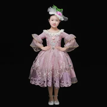 Vintage Retro Medieval Blushing Pink Flower Girl Dresses 2024 3d Lace Printing Floral 1 2 Sleeves Scoop Neck Tea Length Cosplay Wedding Prom Ball Gown Wedding Party Dresses