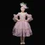 Vintage / Retro Medieval Blushing Pink Flower Girl Dresses 2024 3D Lace Printing Floral 1/2 Sleeves Scoop Neck Tea-length Cosplay Wedding Prom Ball Gown Wedding Party Dresses