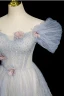 Bling Bling Sky Blue Beading Sequins Ruffle Prom Dresses 2023 A-Line / Princess Off-The-Shoulder Short Sleeve Backless Floor-Length / Long Prom Formal Dresses
