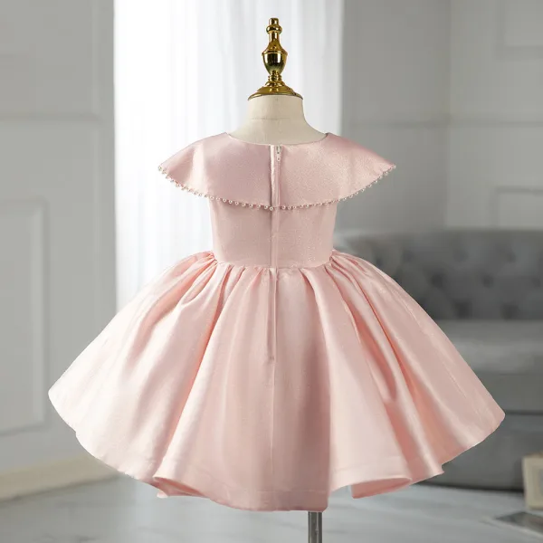 Lovely Blushing Pink Pearl Birthday Short Flower Girl Dresses 2022 Ball Gown Scoop Neck Bow Short Sleeve Flower Girl Dresses