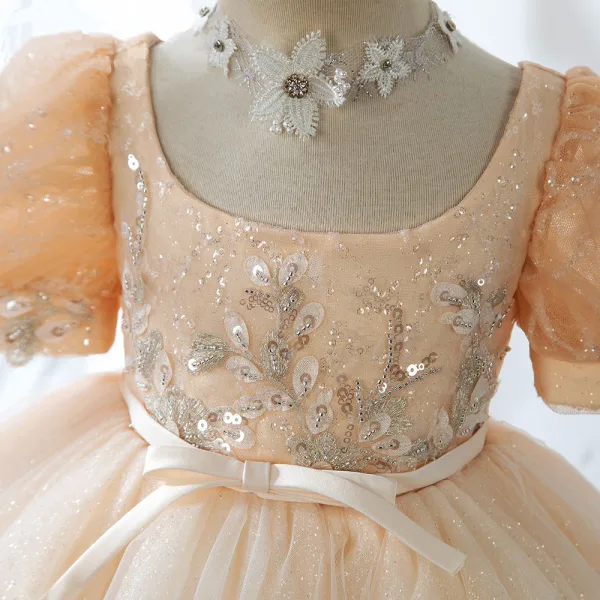 Mode Champagne Perlage Perle Paillettes En Dentelle Fleur Anniversaire Robe Ceremonie Fille 2022 Robe Boule U-Cou Gonflée Manches Courtes Ceinture Noeud Courte Dos Nu Robe Ceremonie Fille