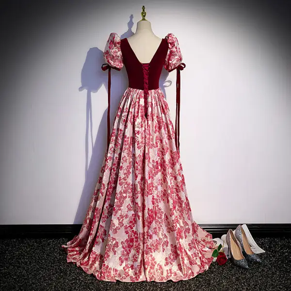 Chic / Beautiful Burgundy Printing Sequins Prom Dresses A-Line / Princess 2022 Square Neckline Puffy Short Sleeve Backless Sweep Train Prom Formal Dresses