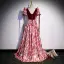 Chic / Beautiful Burgundy Printing Sequins Prom Dresses A-Line / Princess 2022 Square Neckline Puffy Short Sleeve Backless Sweep Train Prom Formal Dresses