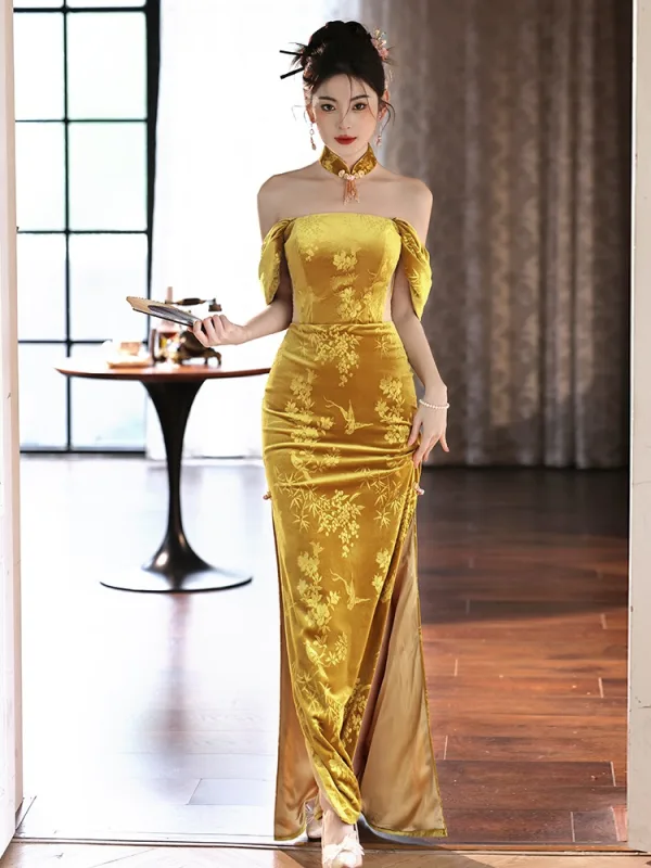 Chinese style Gold Velvet Split Front Prom Dresses 2024 Trumpet / Mermaid Off-The-Shoulder Sleeveless Backless Floor-Length / Long Prom Formal Dresses