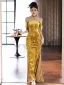Chinese style Gold Velvet Split Front Prom Dresses 2024 Trumpet / Mermaid Off-The-Shoulder Sleeveless Backless Floor-Length / Long Prom Formal Dresses