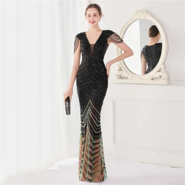 Sexy Black Beading Sequins Evening Dresses 2022 Trumpet / Mermaid V-Neck Sleeveless Floor-Length / Long Evening Party Formal Dresses