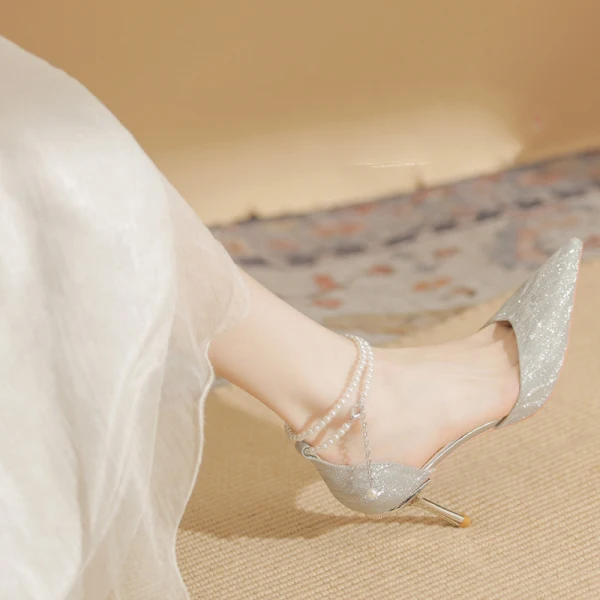 Charmant Silber Perle Knöchelriemen Glanz Abend Sandalen Damen 2023 8 cm Stilettos Spitzschuh Sandaletten Hochhackige