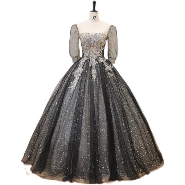 Sparkly Black Sequins Prom Dresses 2022 Ball Gown Scoop Neck 1/2 Sleeves Backless Floor-Length / Long Prom Formal Dresses
