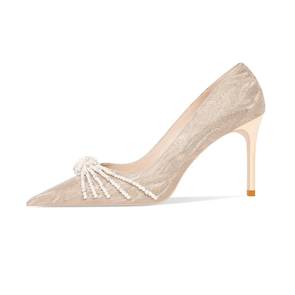 Charmant Gold Perle Pailletten Brautschuhe 2022 Leder 8 cm Stilettos Spitzschuh Hochzeit Pumps Hochhackige