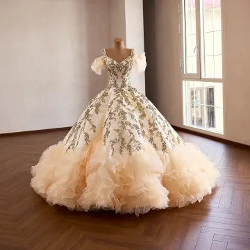Luxury Gorgeous Champagne Beading Lace Flower Sequins Ruffle Prom Dresses 2026 Ball Gown V Neck Short Sleeve Backless Sweep Train Formal Dresses
