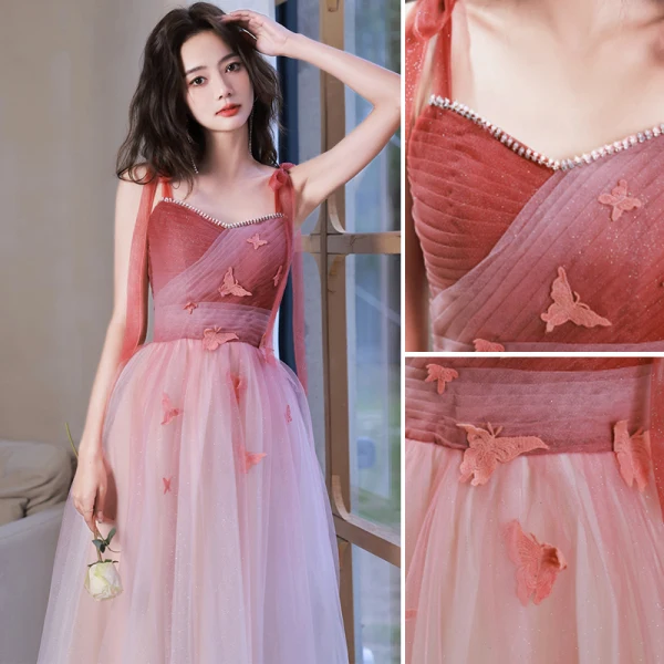 Charmant Rougissant Rose Paillettes Robe De Bal 2022 Princesse Bretelles Spaghetti Sans Manches En Dentelle Appliques Faux Diamant Dos Nu Mi-Longues Robe De Ceremonie