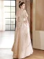 Chic / Beautiful Champagne Pearl Appliques Glitter Prom Dresses 2024 A-Line / Princess Square Neckline Puffy Short Sleeve Backless Floor-Length / Long Prom Formal Dresses