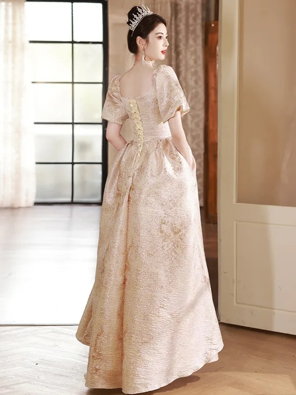 Élégant Champagne Paillettes Robe De Bal 2024 Princesse Encolure Carrée Manches Courtes Dos Nu Longue Promo Robe De Ceremonie