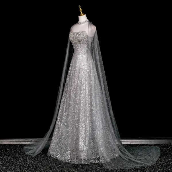 Glitzernden Sexy Silber Perlenstickerei Strass Pailletten Abendkleider 2025 A Linie Bandeau Ärmellos Rückenfreies Lange Festliche Kleider