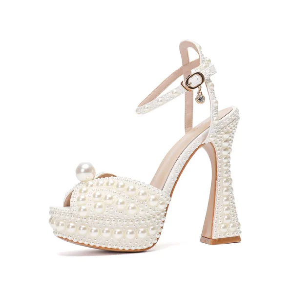 Fashion White Pearl Wedding Shoes 2024 Ankle Strap 12 cm Thick Heels Open / Peep Toe Wedding Sandals High Heels