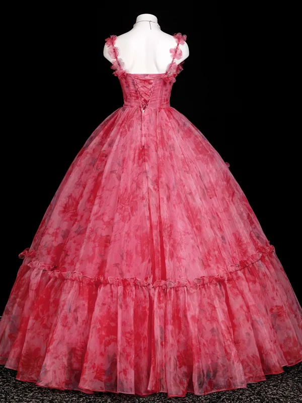 Fancy Candy Pink Floral Appliques Prom Dresses 2025 Ball Gown Spaghetti Straps Sleeveless Backless Floor-Length / Long Prom Formal Dresses