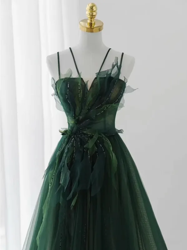 Charmant Vert Foncé Perlage Paillettes Robe De Soirée 2023 Princesse Bretelles Spaghetti Sans Manches Dos Nu Longue Soirée Robe De Ceremonie