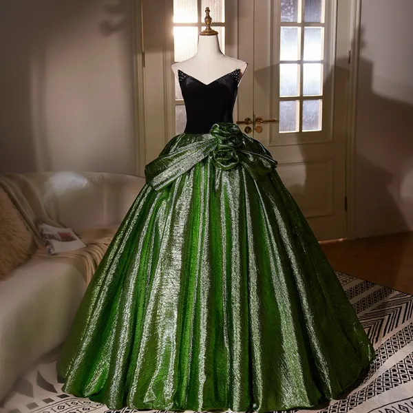 Elegant Dark Green Prom Dresses 2024 Ball Gown Strapless Sleeveless Backless Floor-Length / Long Prom Formal Dresses