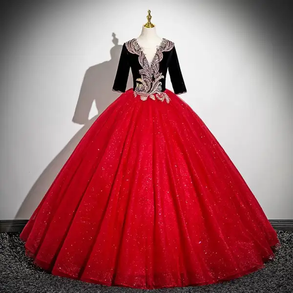Vintage / Retro Burgundy Beading Sequins Prom Dresses 2025 Ball Gown V-Neck Short Sleeve Backless Floor-Length / Long Prom Formal Dresses