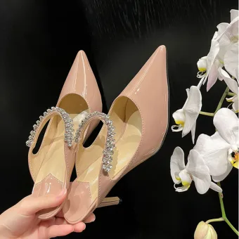 Charmant Beige Faux Diamant Soirée Sandales Femme 2022 8 Cm Talons Aiguilles À Bout Pointu Sandales Talons Hauts