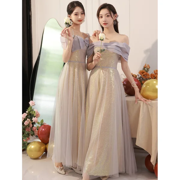 Chic Beautiful Gold Sequins Bridesmaid Dresses 2023 A-Line Princess Off-The-Shoulder