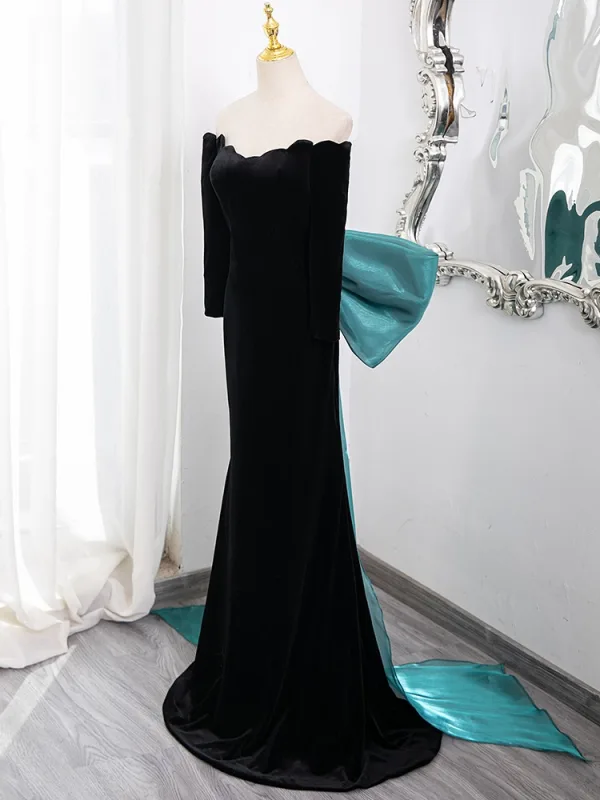 Élégant Noire Robe De Bal 2024 Trompette / Sirène De l'épaule 3/4 Manches Dos Nu Noeud Train De Balayage Promo Robe De Ceremonie