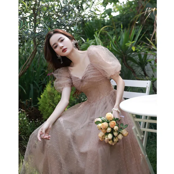 Chic / Belle Rougissant Rose Anniversaire Robe De Fête 2022 Princesse Encolure Carrée Gonflée Manches Courtes Dos Nu Longue Robe De Ceremonie