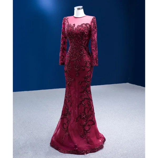 Vintage / Retro High-end Burgundy Sequins Evening Dresses 2022 Trumpet / Mermaid Scoop Neck Long Sleeve Bow Royal Train Prom Formal Dresses