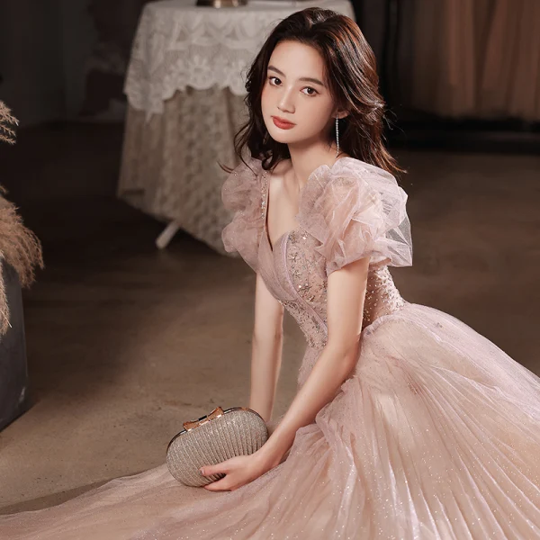 Chic / Beautiful Blushing Pink Beading Sequins Prom Dresses 2022 A-Line / Princess Square Neckline Short Sleeve Backless Floor-Length / Long Formal Dresses