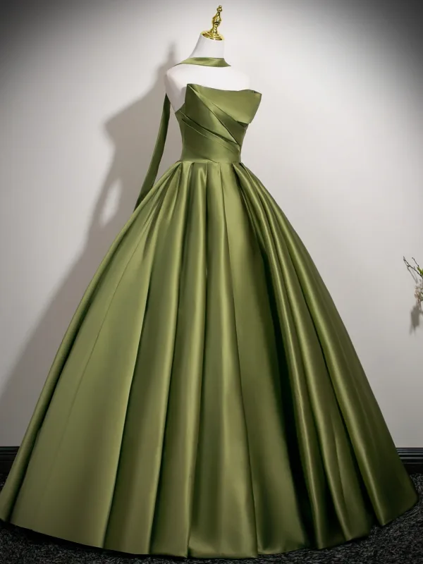 Fashion Sage Green Satin Prom Dresses 2025 Ball Gown Strapless Sleeveless Backless Floor-Length / Long Formal Dresses